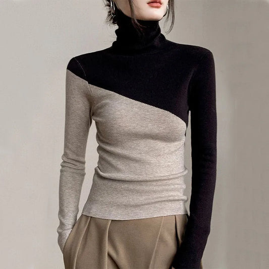 Stylish women's two-tone split color knit sweater in khaki and gray, perfect for modern fall and winter casual wear.