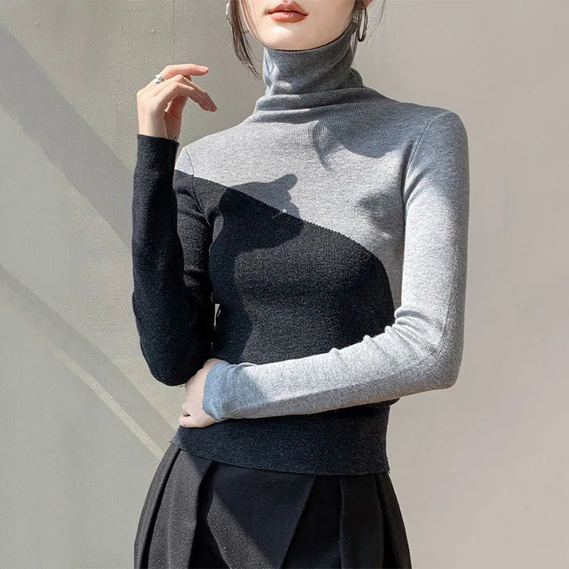 Comfortable women's khaki and gray two-tone split sweater, a versatile long-sleeve knit for casual fall outfits.