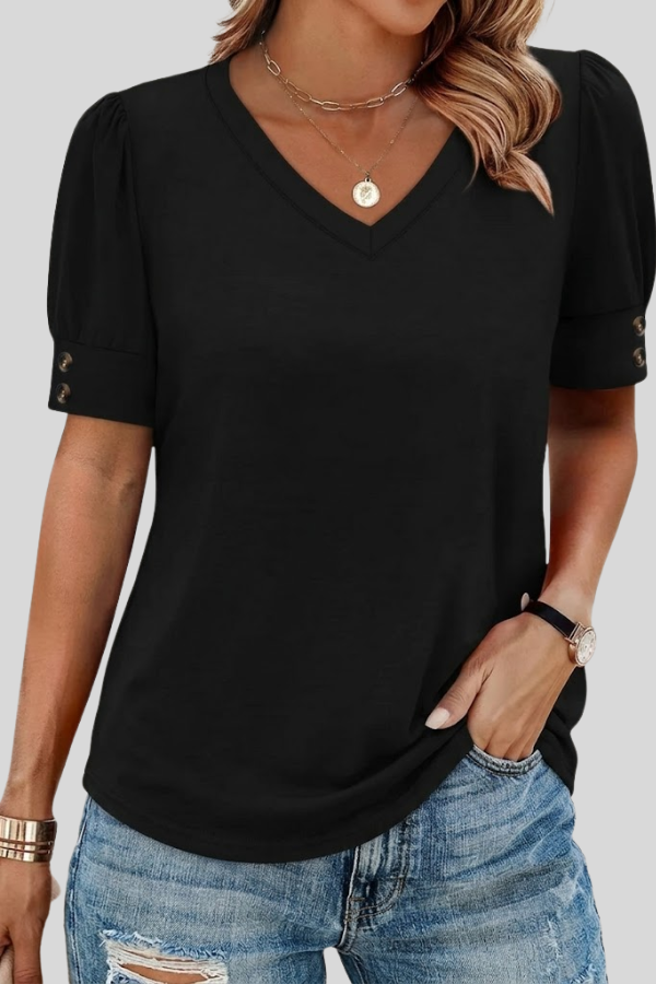 Stylish women's V-neck gathered sleeve top, a versatile short sleeve blouse for chic summer fashion.