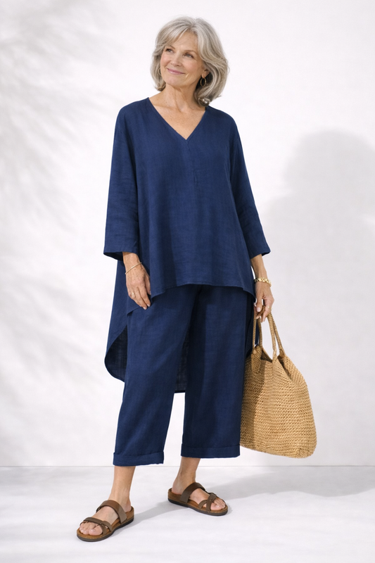 Stylish women's V-neck two-piece set, cotton linen for summer. Comfortable, loose fit, perfect for casual elegance.