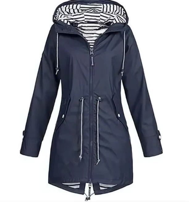 Stylish women's waterproof hooded rain jacket for everyday casual wear and effective weather protection. Lightweight design.