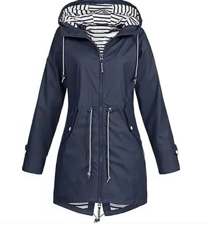Stylish women's waterproof hooded rain jacket for everyday casual wear and effective weather protection. Lightweight design.