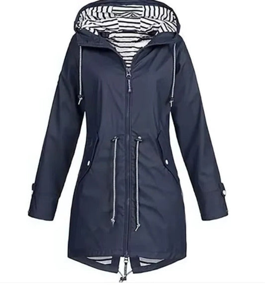 Stylish women's waterproof hooded rain jacket for everyday casual wear and effective weather protection. Lightweight design.