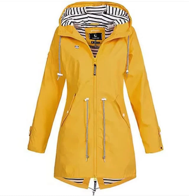 Lightweight women's waterproof hooded jacket, ideal for spring and fall weather protection. Durable and comfortable outerwear.