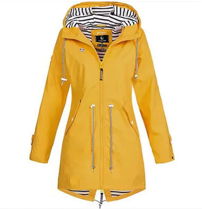 Lightweight women's waterproof hooded jacket, ideal for spring and fall weather protection. Durable and comfortable outerwear.