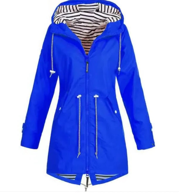 Versatile women's hooded waterproof jacket, great for spring/fall weather protection, stylish outerwear for daily wear.