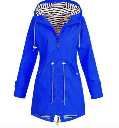 Versatile women's hooded waterproof jacket, great for spring/fall weather protection, stylish outerwear for daily wear.