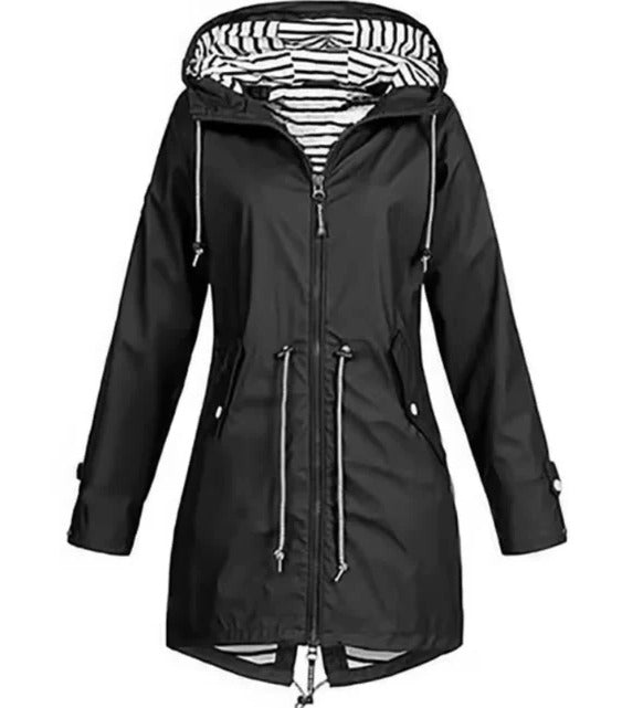 Practical women's lightweight hooded rain jacket, offering stylish weather protection for spring, fall, and casual use.