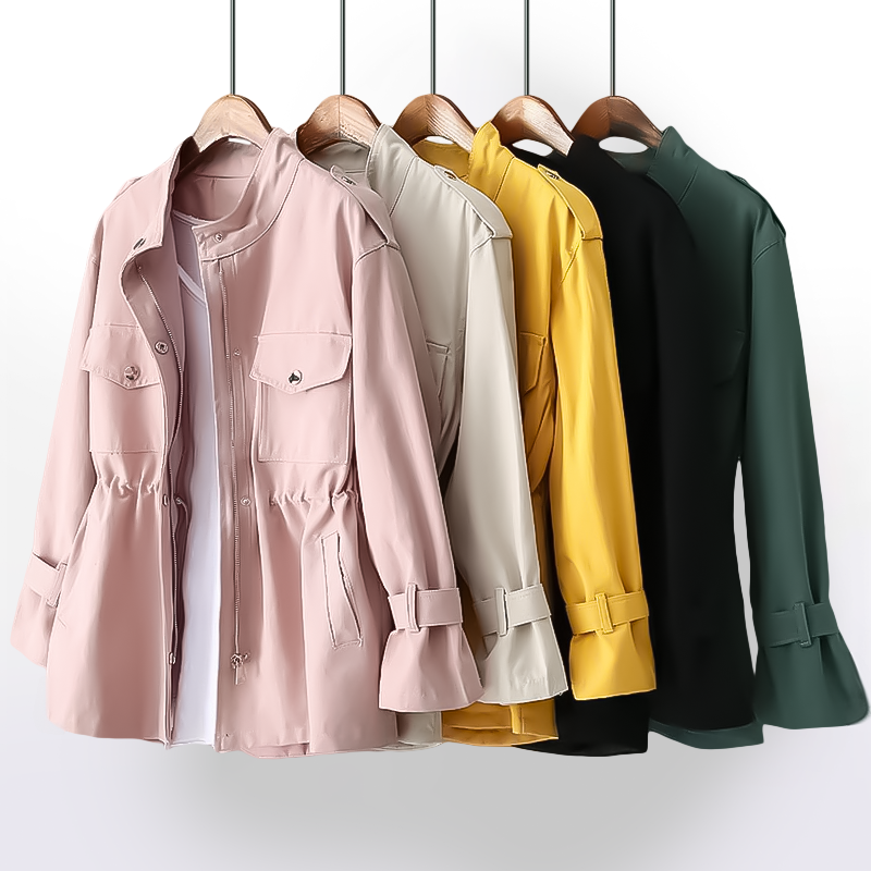 Stylish women's waterproof rain coat with a flattering cinched waist. Perfect for spring & autumn fashion.