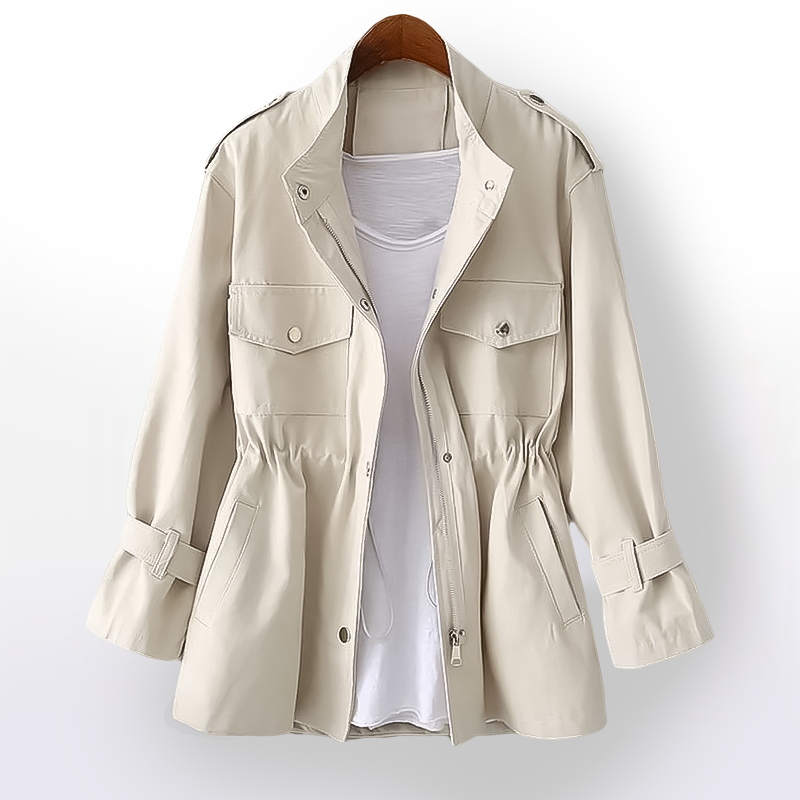 Chic women's rain jacket, elegant waterproof outerwear with a cinched waist, ideal for fashion.