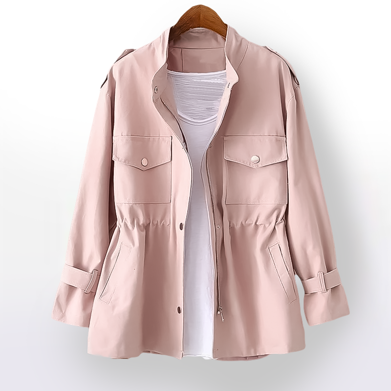 Fashionable women's waterproof raincoat, all-weather chic outerwear with a flattering cinched waist.