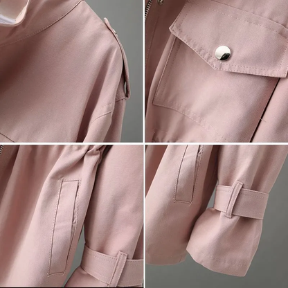 Elegant women's spring rain coat, stylish waterproof jacket with a flattering cinched waist detail.