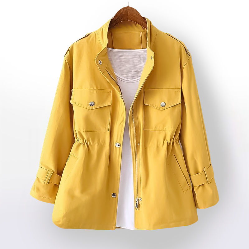 Women's stylish waterproof raincoat, chic outerwear with a flattering cinched waist. All-weather jacket.