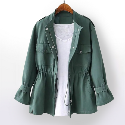 Autumn women's fashion rain coat, elegant waterproof jacket featuring a flattering cinched waist.