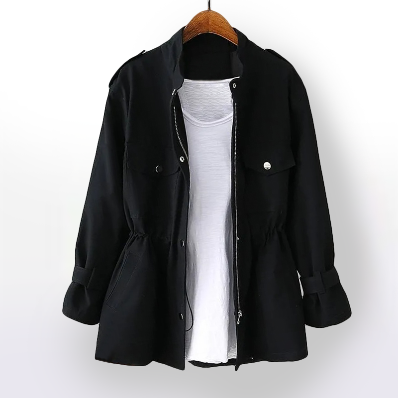 Versatile women's waterproof rain jacket, stylish all-weather outerwear with a flattering cinched waist.