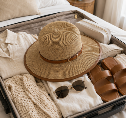 Fashionable wide brim sun hat for women, ideal for beach days, cruises & vacation adventures. Sun protection.