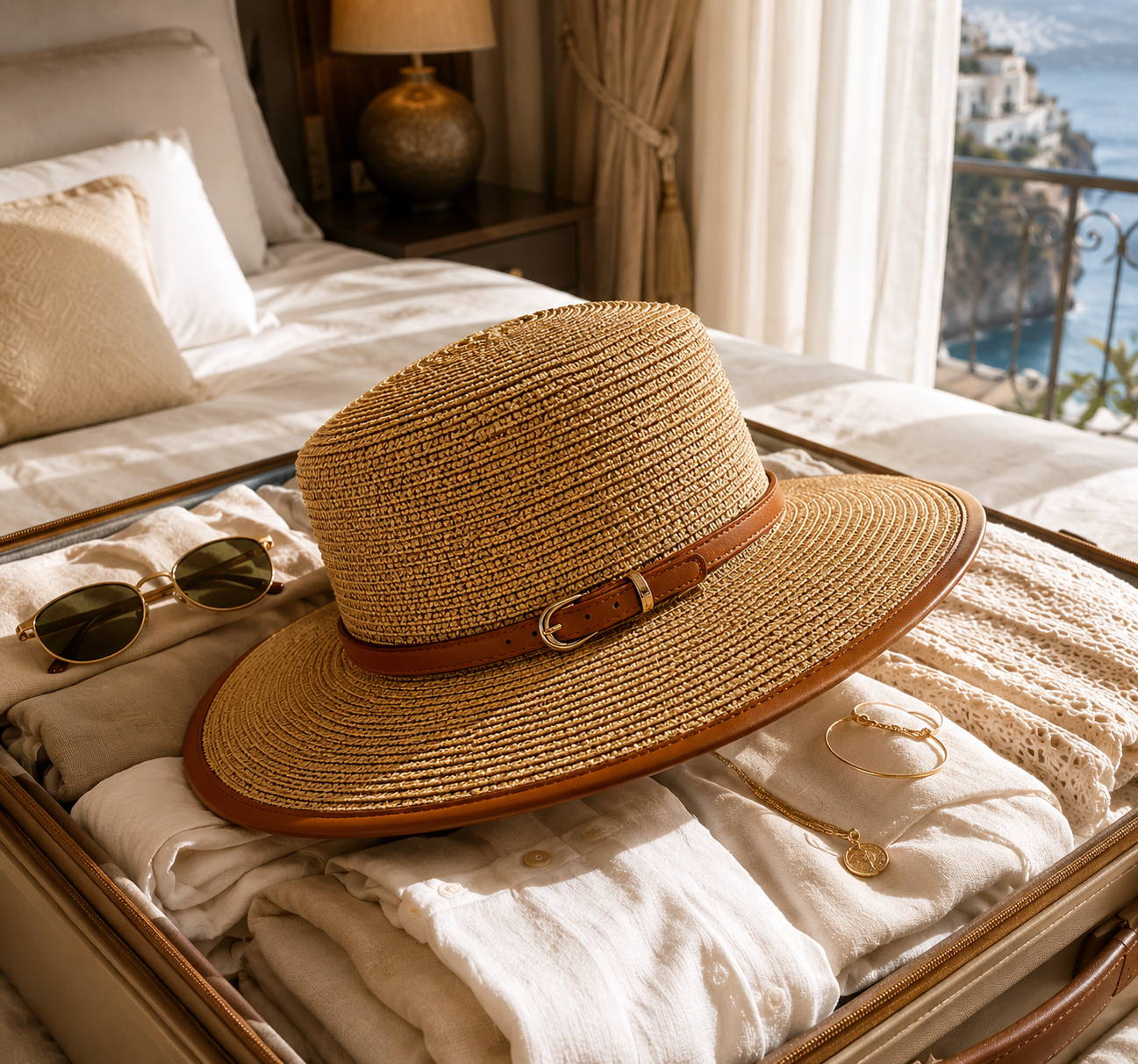Chic women's wide brim sun hat, essential for stylish resort wear & summer outings. Great sun protection.