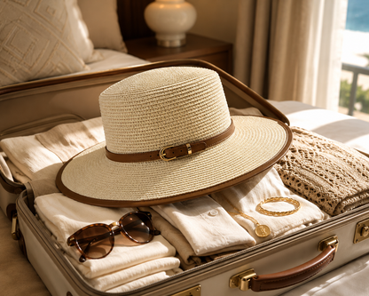 Vacation-ready women's wide brim sun hat. Stylish beach accessory offering sun protection & summer fashion.