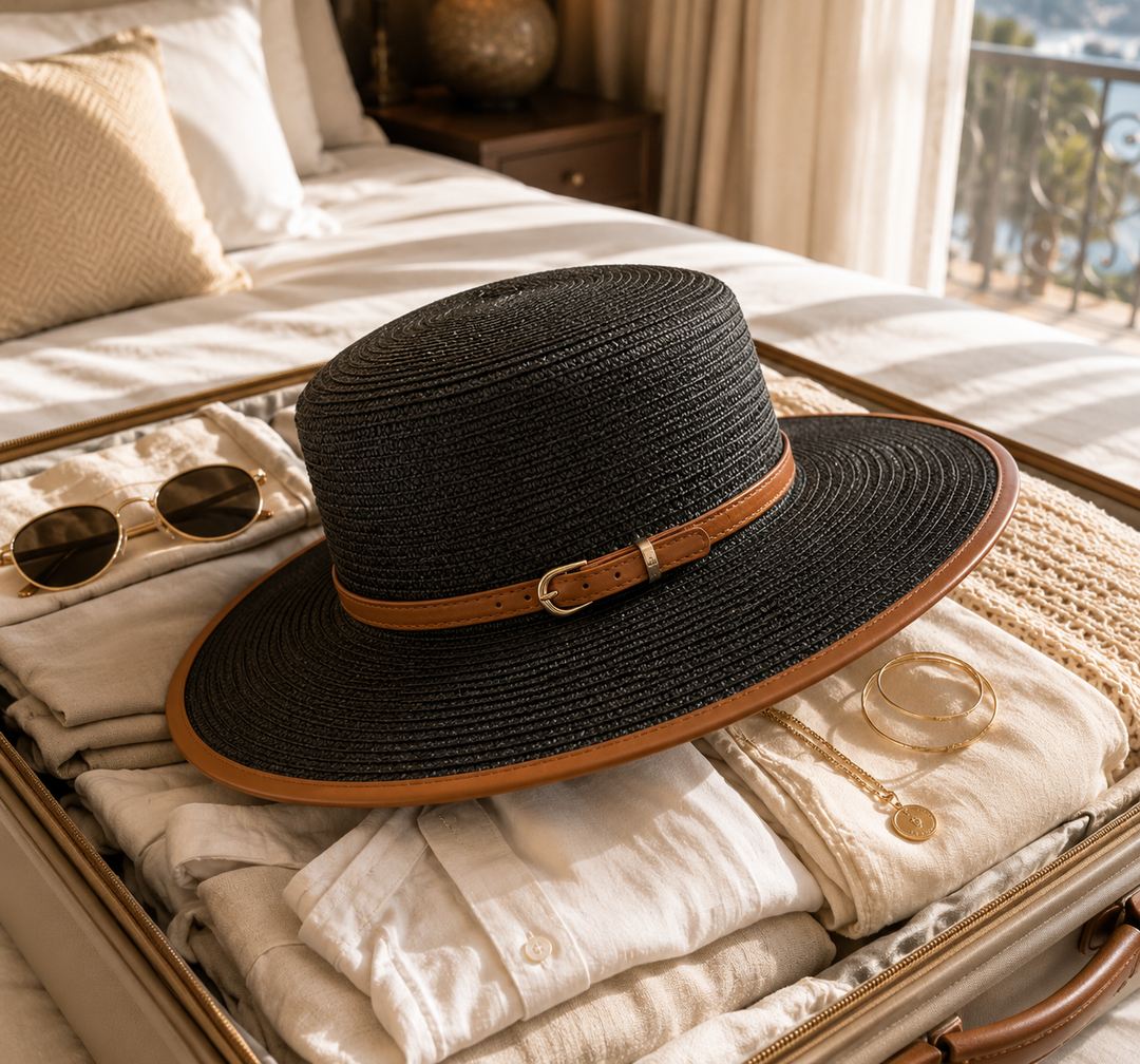 Women's wide brim sun hat. A stylish, protective summer accessory for beach, vacation & resort fashion.