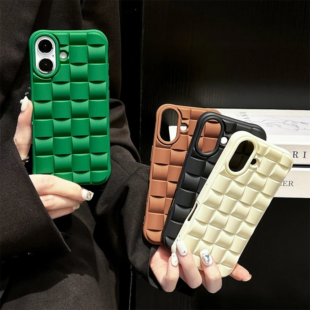 Stylish women's woven canvas iPhone case in natural beige, offering a unique texture and fashion-forward look.