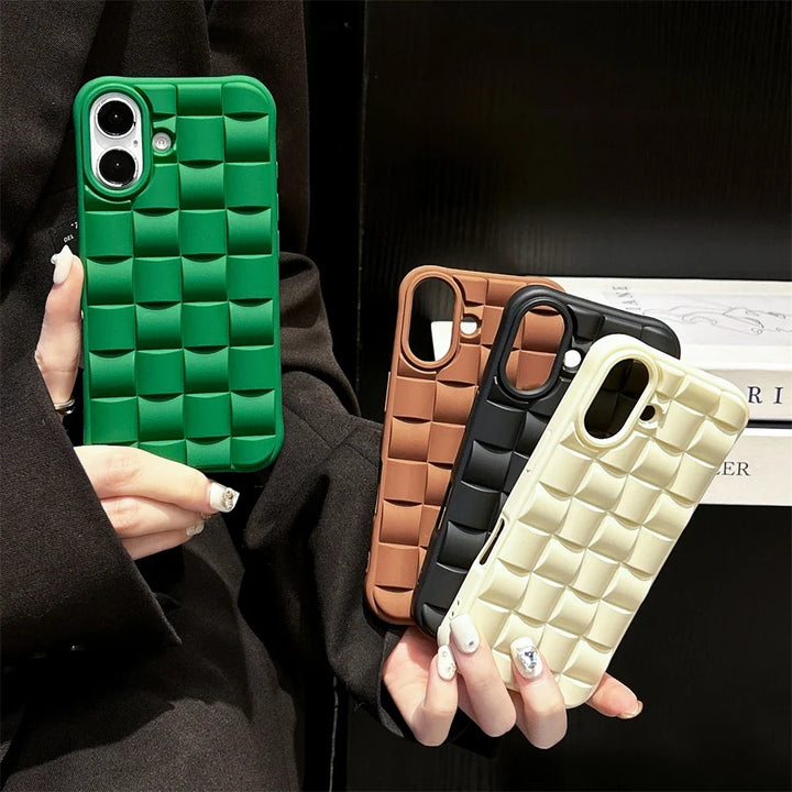 Stylish women's woven canvas iPhone case in natural beige, offering a unique texture and fashion-forward look.