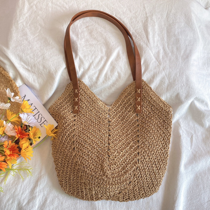 Elegant woven shoulder bag for women, ideal as a casual accessory or versatile handbag in white & brown.
