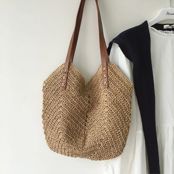 Chic white & brown woven shoulder bag, a stylish accessory for women seeking a versatile casual handbag.