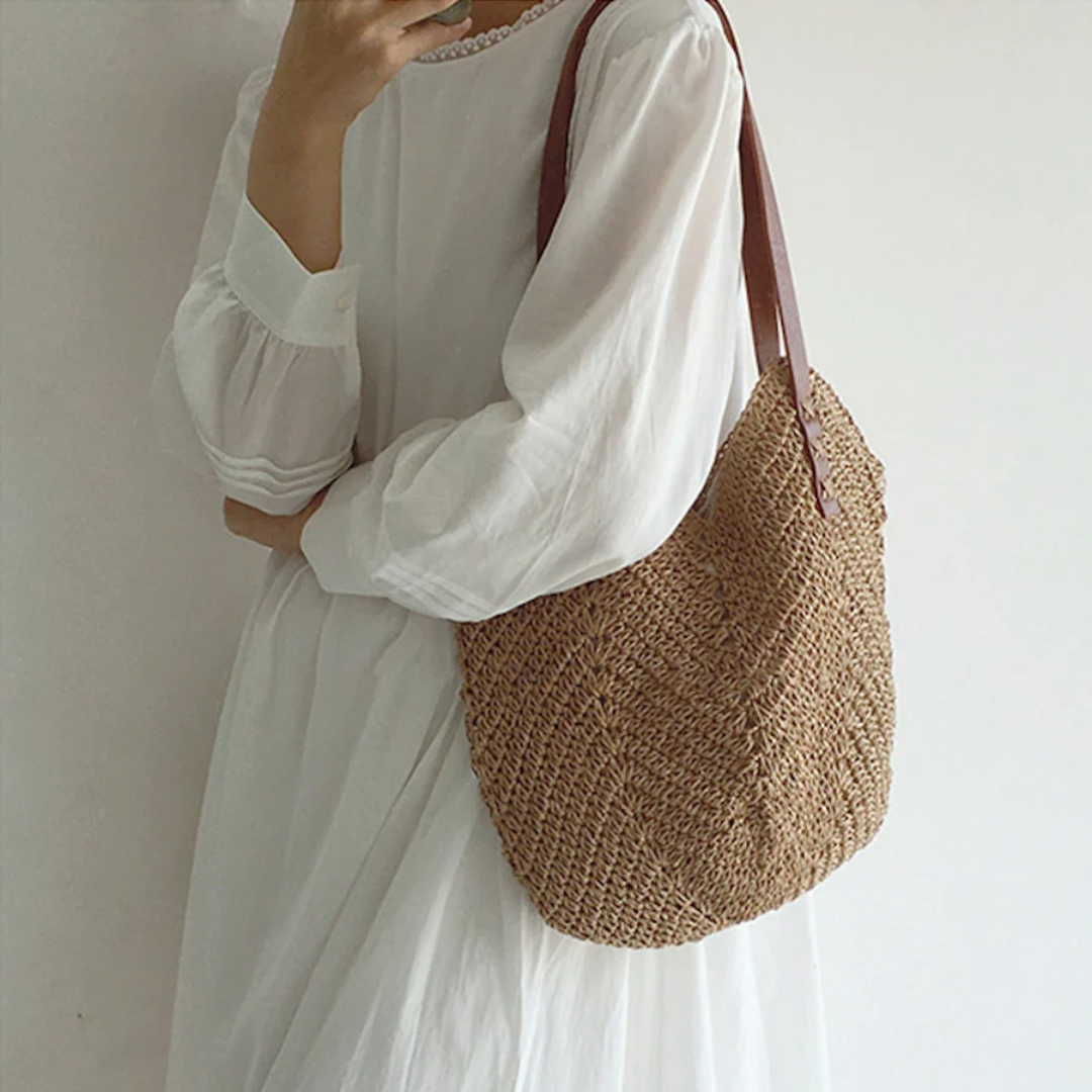 Hand-woven shoulder bag for women, a stylish and casual white & brown accessory, perfect versatile handbag.