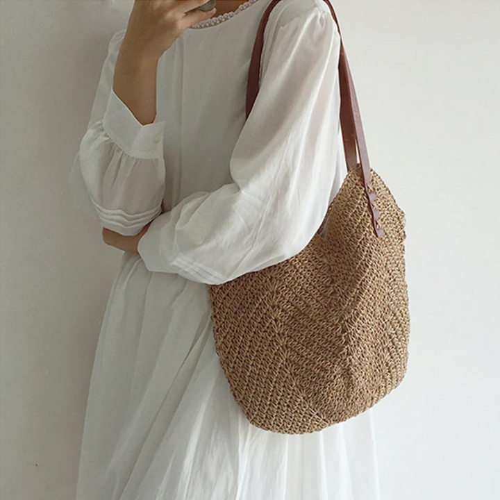 Hand-woven shoulder bag for women, a stylish and casual white & brown accessory, perfect versatile handbag.
