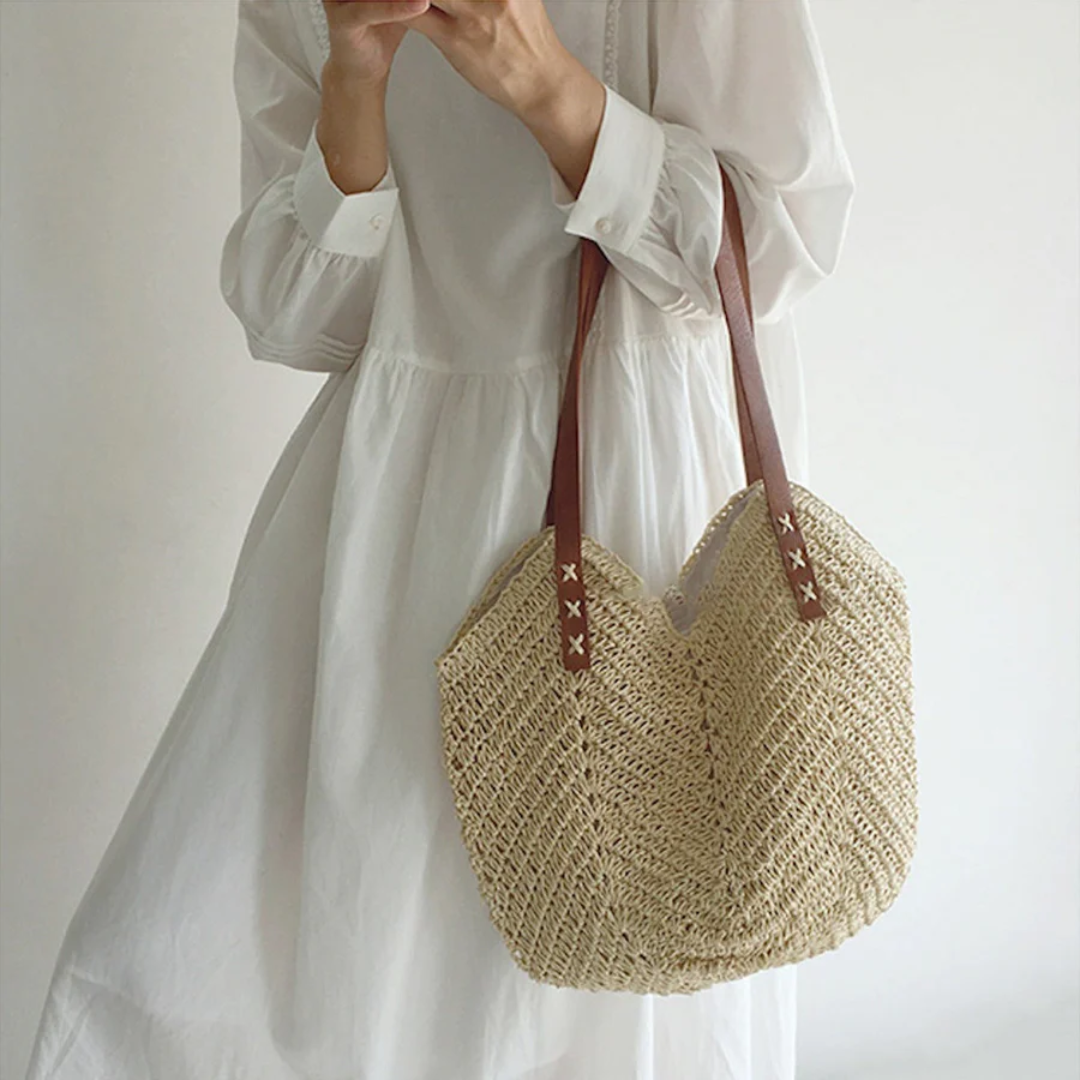 Modern women's woven shoulder bag in white & brown, a versatile, casual handbag and stylish accessory.