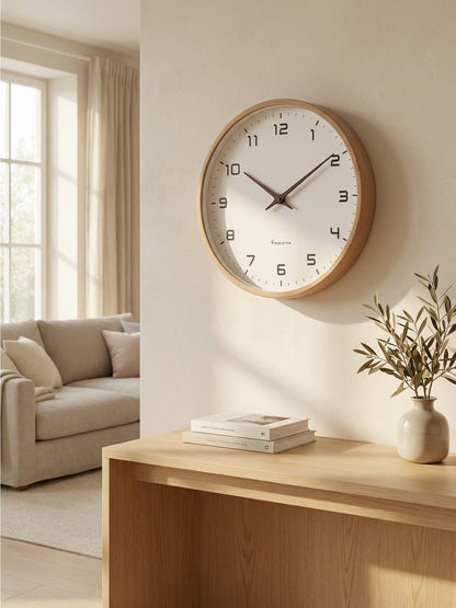 Square wooden wall clock with a cream face, silent movement, ideal for contemporary living spaces.