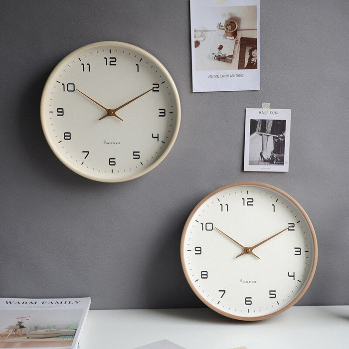 Farmhouse aesthetic wooden wall clock, natural brown wood, enhances cozy home or office interiors.