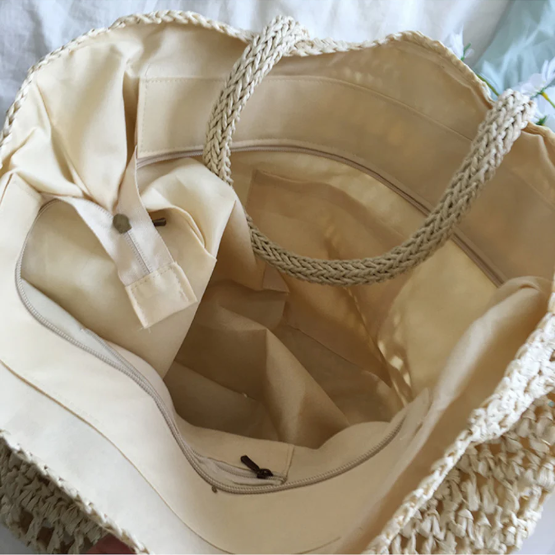 Stylish woven tote handbag for women, perfect for summer adventures & daily use.