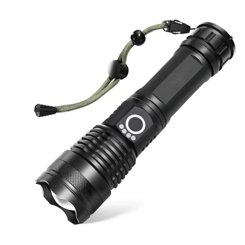 Super bright LED tactical flashlight with rechargeable battery, ideal for camping and outdoor adventures.
