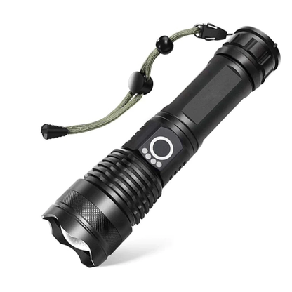 Super bright LED tactical flashlight with rechargeable battery, ideal for camping and outdoor adventures.