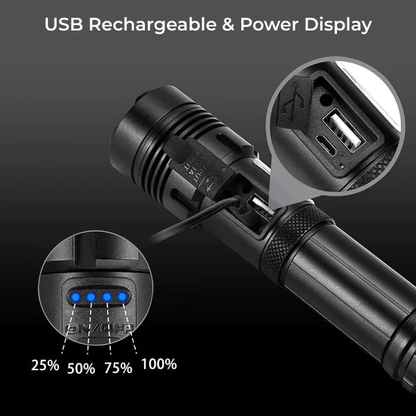 Durable, water-resistant LED tactical flashlight. Rechargeable for reliable outdoor and emergency use.