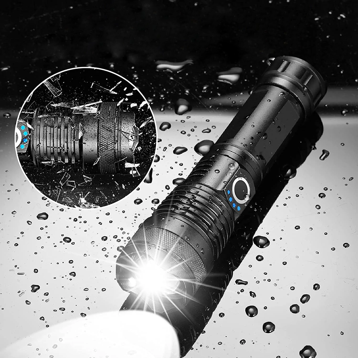 Powerful rechargeable LED tactical flashlight, perfect for emergency kits and outdoor exploration.