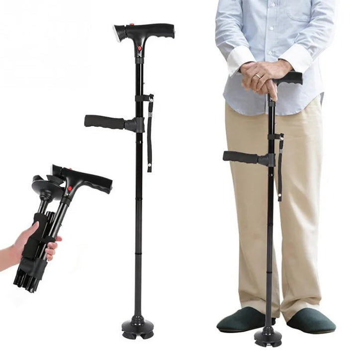 SureStep folding walking cane with LED light & ergonomic T-grip handle, ideal for senior independent mobility.