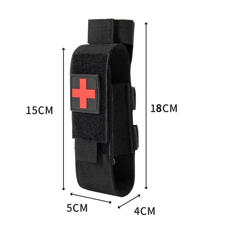 First aid tourniquet holder, durable tactical nylon pouch, essential medical gear for emergencies.