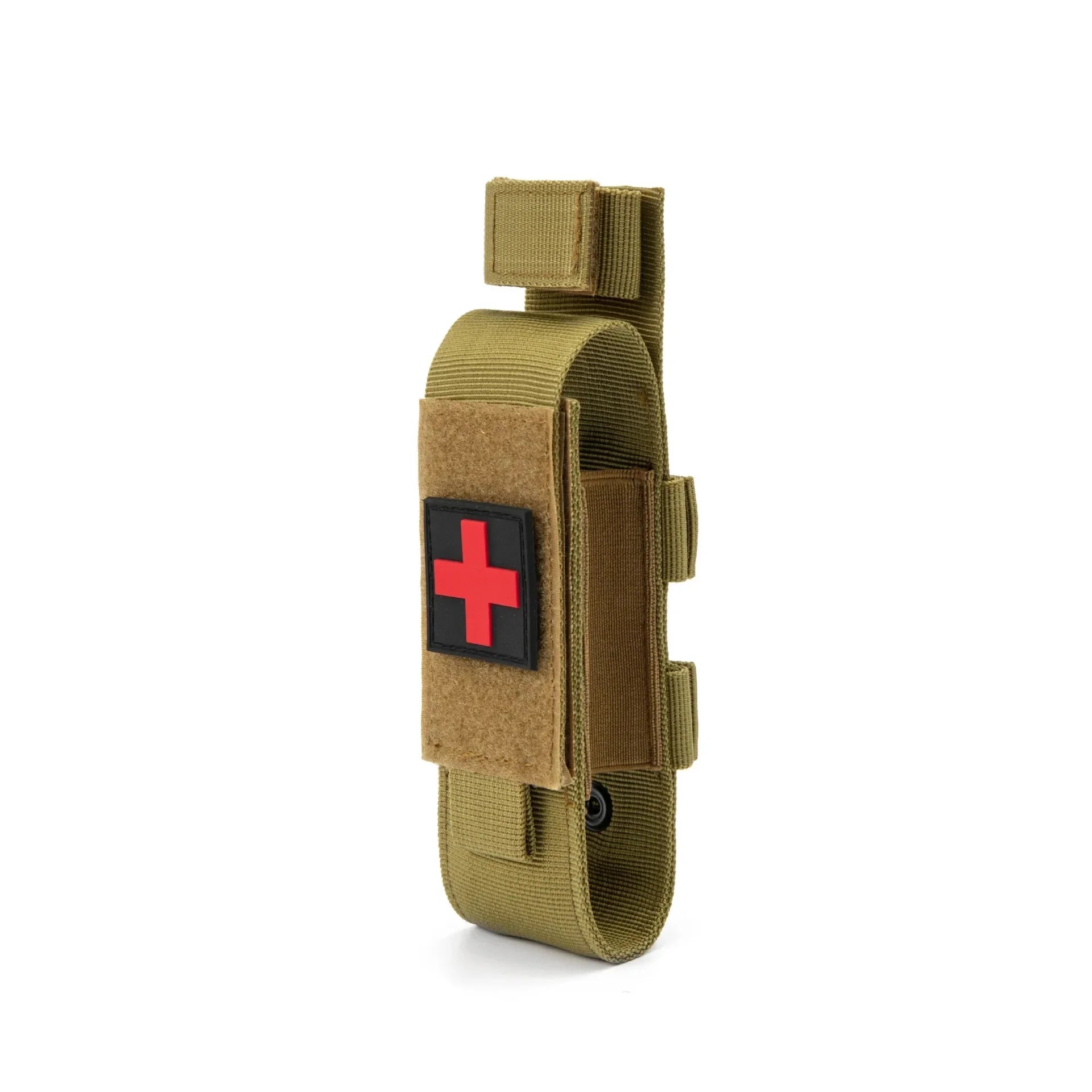 Emergency medical gear: Black nylon tourniquet pouch with secure flap, MOLLE attachment.