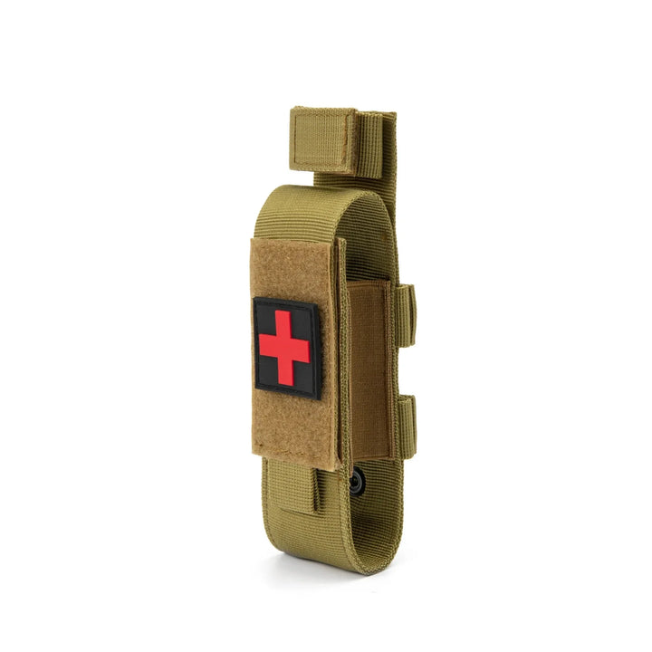Emergency medical gear: Black nylon tourniquet pouch with secure flap, MOLLE attachment.