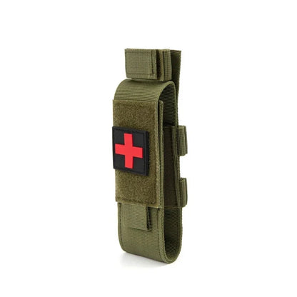 Tactical first aid pouch for tourniquet, black nylon construction with MOLLE system for easy carry.