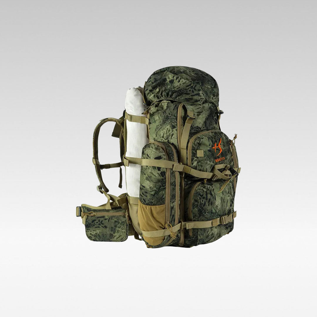Tactical camo hunting backpack for outdoors, side view, durable 60L hiking pack