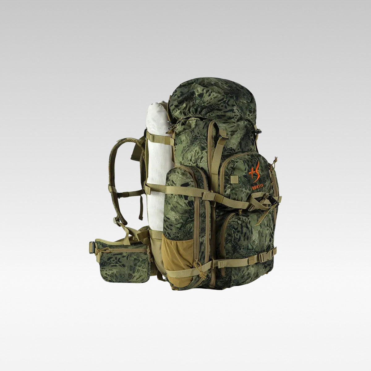 Tactical camo hunting backpack for outdoors, side view, durable 60L hiking pack