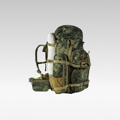 Tactical camo hunting backpack for outdoors, side view, durable 60L hiking pack