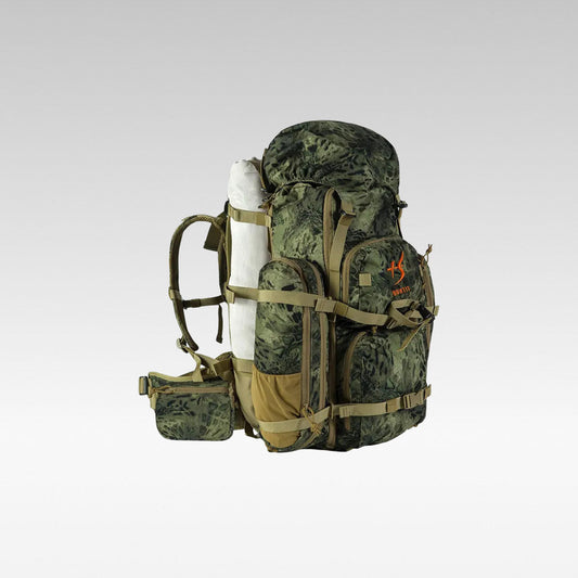 Tactical camo hunting backpack for outdoors, side view, durable 60L hiking pack