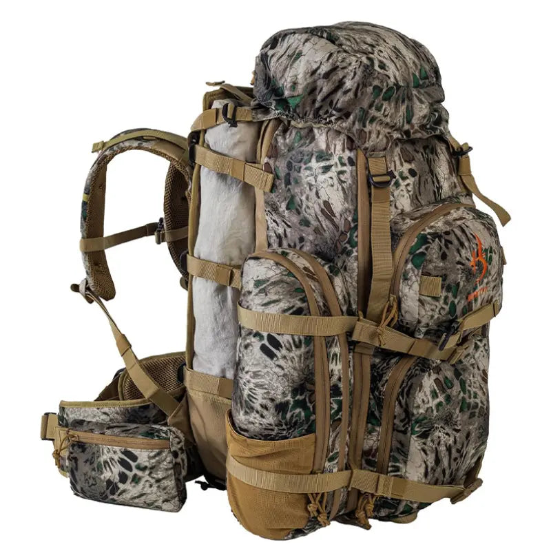 Heavy-duty camo hunting backpack with MOLLE system, front view, tactical gear