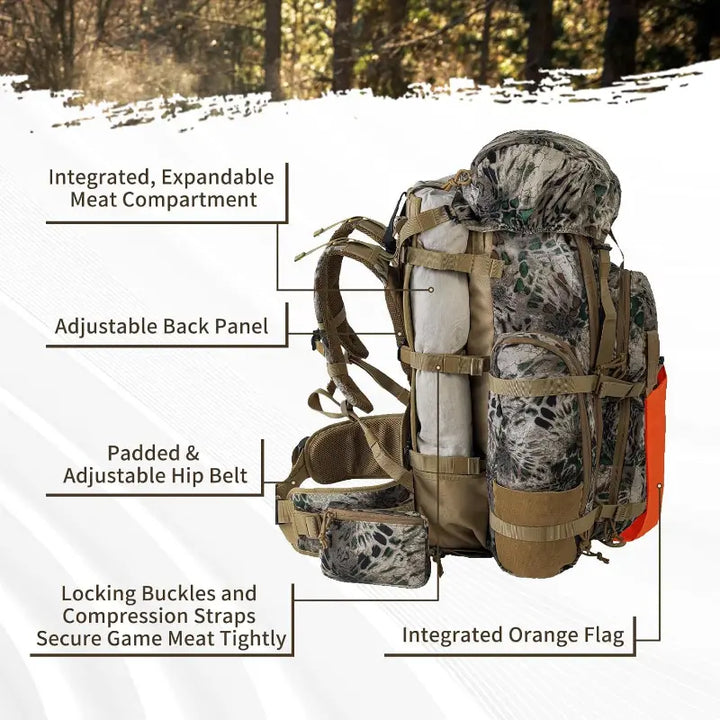 Ergonomic tactical camo backpack with padded shoulder straps for comfortable hiking