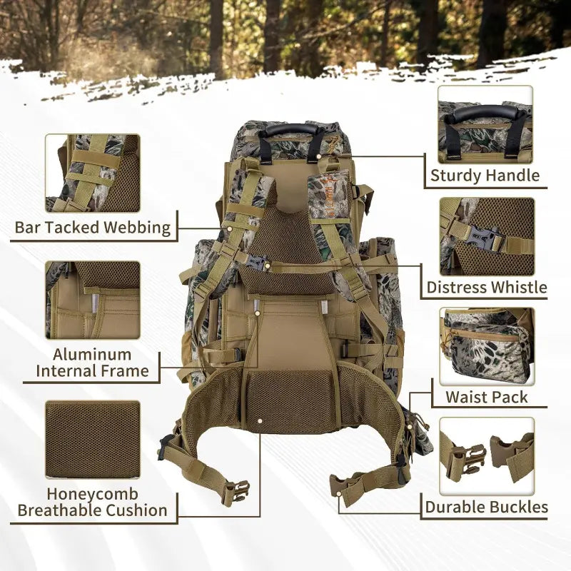 Water-resistant camouflage hunting backpack for outdoor adventures, forest background
