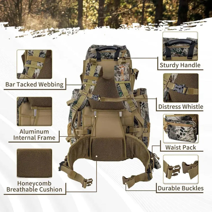 Water-resistant camouflage hunting backpack for outdoor adventures, forest background